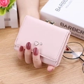 Pink faux leather tri-fold short wallet for women with cute metal heart buckle clasp - Pink
