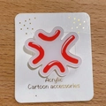 Red anger symbol emoji acrylic pin on white display card with wood grain background - Angry White Base / Patch Pattern