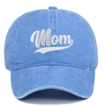 Detail of blue washed cotton baseball cap featuring white Mom embroidery on the front - Light Blue (Mom)