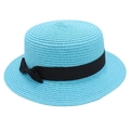 Close-up of light blue straw hat featuring spiral woven texture and black ribbon bow - Lake Blue