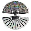 Black bamboo folding fans with rainbow leopard and silver holographic finish - Leopard Holographic Laser C29