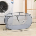 Foldable grey mesh laundry basket with handles, lightweight pop-up clothes storage hamper bin. - Horizontal / Gray