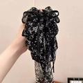 Elegant black floral chiffon hair claw clip with long ribbon and bow design - Black White Floral-Claw Clip