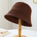 Dark brown hollow crochet bucket hat displayed on a wooden stand for summer sun protection - M(56-58cm) / Hollow Knit Style (5639) / Coffee