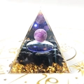 Orgonite pyramid with amethyst ball, black tourmaline, and gold foil over star pattern - Starlight Tai Chi Amethyst Ball / Small