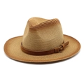 Classic gradient brown straw fedora hat with a leather belt and gold buckle for sun protection - M (56-58cm) / Khaki + Caramel