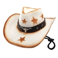 Detail of straw cowboy hat featuring metal bull head emblem and adjustable wind cord - M (56-58cm) / Pure White