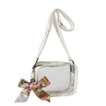 Summer transparent jelly crossbody bag with white leather trim and decorative silk scarf - White