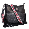 Black bohemian PU leather crossbody bag with floral embossing and fringe tassels - Black