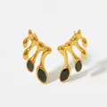 Vintage gold-plated stainless steel note earrings with black marquise zircons - Gold/Black