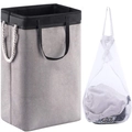Cesta de lavandería de tela gris con asas de cuerda y bolsa de malla colgante - Con Tapa + Bolsa de Malla / Gris y Negro / Grande