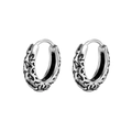 Detailed view of vintage titanium steel hoop earrings with intricate carved hollow patterns - Silver (Price per Unit)