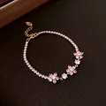 Rose gold twisted horseshoe chain bracelet with pink zircon flowers and S925 stamp - 35# Bracelet-Gold & Pink-Pink & White Floral Style