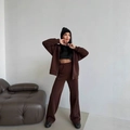 Conjunto marrón café oscuro de sudadera con capucha y pantalón ancho de cintura alta - S / Marrón