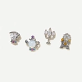 Detailed set of silver stud earrings featuring teapot and clock with colorful zircons - 4-Piece Set - Silver