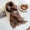 Brown faux cashmere winter scarf with tassels and aesthetic brand label detailing - Coffee