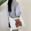 White quilted tote bag featuring a brown teddy bear appliqué with red scarf - Beige Quilted Bag with Red Scarf Bear Embroidery