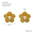 Elegant 18K gold plated stainless steel floral earrings with central pearl accents - Five-petal Flower Pearl Style(ZE1898G-02)