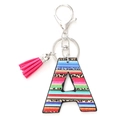 Detail of letter A keychain with leopard print leather, pink tassel and silver hardware - Letter A