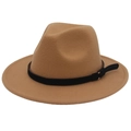 Classic khaki wool fedora hat with black leather band and gold buckle on white background - Camel