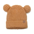 Detail of caramel knit baby hat with 3D bear ears and a small maple leaf leather patch - 50-54cm / Yellow