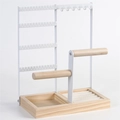 White metal jewelry display stand with a natural wood base for necklaces and rings - 4-Tier Double Axis / White