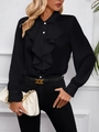 Detailed close-up of a women's black long-sleeved shirt with elegant ruffle layers - S / Black