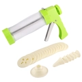 Green cookie press gun set with stainless steel rod and various white plastic discs - Green