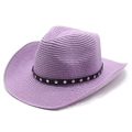 Detail of lavender straw cowboy hat featuring black faux leather band with silver studs - M (56-58cm) / Taro Purple