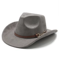 Detailed view of dark grey suede cowboy hat with brown leather strap and gold buckle - M(56-58cm) / Gray (Suede)