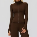 Chaqueta térmica de fitness marrón oscuro para mujer con cuello alto y agujeros para pulgar - S / Café