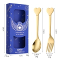 Gold stainless steel heart-topped spoon and fork gift set in a blue galaxy box - Spoon Fork Set - Blue Box / Gold