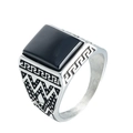 Vintage stainless steel ring for men with square black gemstone and Greek meander motifs - US 10 / Steel Black Stone