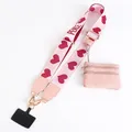 Pink crossbody phone strap set with heart-patterned webbing and mini zipper purse - Light Pink Heart PEACE