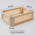 Large rectangular wooden storage basket with woven panels and side handles 35x25x11cm - Rounded Corner Natural Low Style / Large (35*25*11CM)