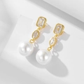 Elegant s925 silver long drop earrings with square zircon and large white pearls - 925 Silver / Yellow