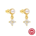 Elegante S925 Sterlingsilber vergoldete Perlenohrringe mit funkelnden Zirkonia-Blüten - Perlenblumen Anhänger Stil