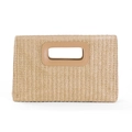 Damen Sommer Stroh-Clutch mit Ledergriff und abnehmbarem Ketten-Schultergurt - Aprikose