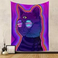Detail of psychedelic wall tapestry featuring a purple three-eyed cat in a stylish room - Three-eyed Cat Illustration (GT230139)