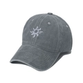 Retro grey washed cotton baseball cap featuring white sun embroidery on white background - Gray