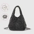 Hobo style black rhinestone handbag with silver metal chain strap and spare diamonds - Black