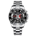 Silver stainless steel men's quartz watch with black dial and three-eye chronograph - Silver Black Steel Band