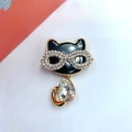 Detail of cute black cat brooch with rhinestone glasses and teardrop crystal pendant - Black Cat with Clear Crystal