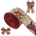 Beiges Weihnachts-Juteband mit roten LKWs und Glocken für Geschenke und Bastelarbeiten - Sackleinen Glocke Truck Band