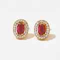 Elegant 18K gold-plated oval stud earrings with red gemstone and white zircon halo - Golden Oval Red Stone Style (KDE1082)