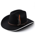 Black western felt cowboy hat with white trim, braided leather band, and feather accent - Black with White Binding