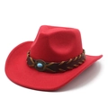 Detail of red wool felt cowboy hat featuring brown braided leather band and turquoise stone - M (56-58cm) / Red