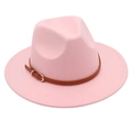 Detail of pink wool fedora hat featuring a brown leather band and gold metal buckle - M (56-58cm) / Pink