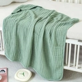 Sage green 6-layer muslin cotton hooded baby towel and soft gauze blanket for infants - Bean Green