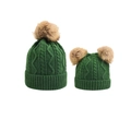 Detail of dark green cable knit parent-child hat set with soft faux fur pom-poms - Green